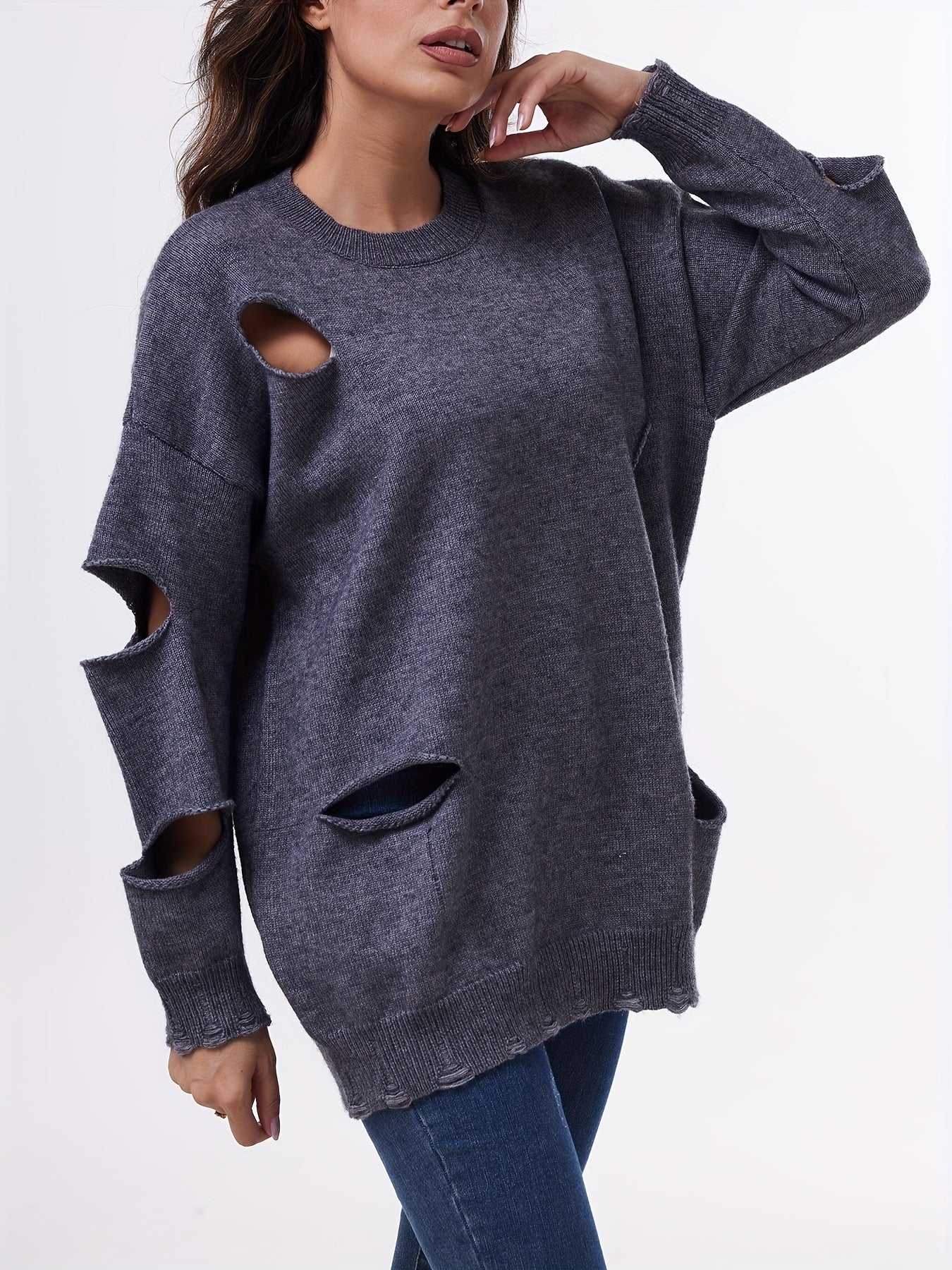 FFRJJWomen's Solid Color Personality Casual Design Sense Gray Wool Sweater Women's Cutout Ripped Knit Top